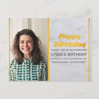 Marble & Gold Photo Birthday Invitation