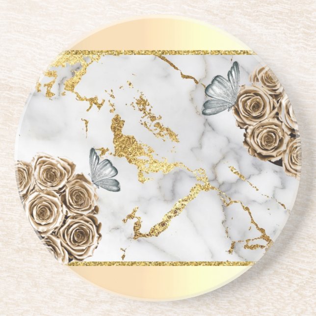 Marble Gold Roses Butterfly Coaster (Front)