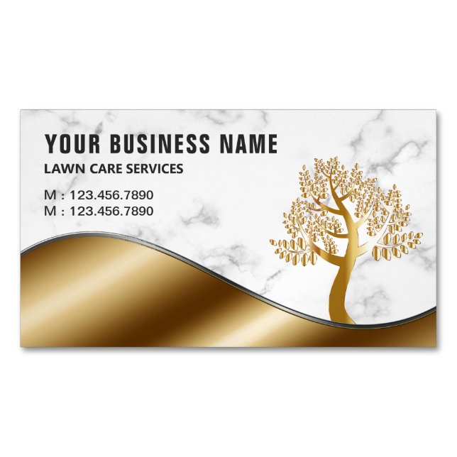 Marble Gold Tree Gardening Landscaping Lawn Care Magnetic Business Card (Front)