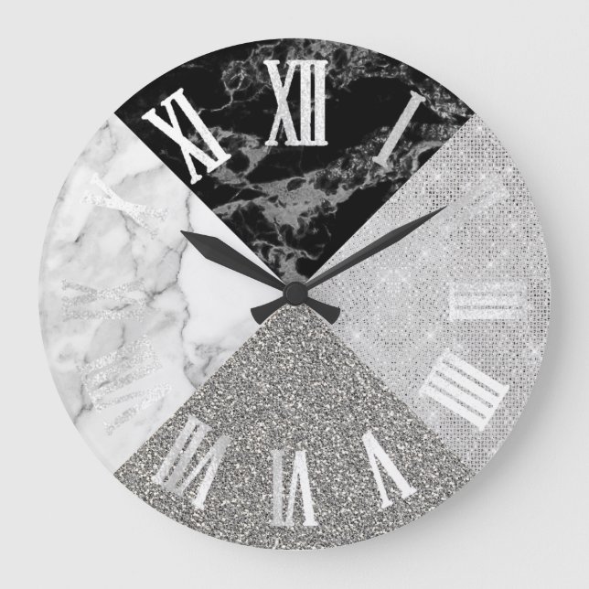 Marble Gray Silver Glitter Geometry Roman Numbers Large Clock (Front)