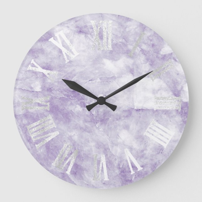Marble Gray Silver Purple Amethyst Roman Numbers Large Clock (Front)