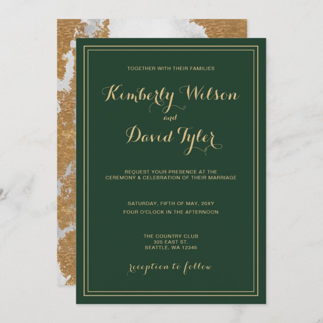 Marble Green and Gold Wedding Invitation (Front/Back)