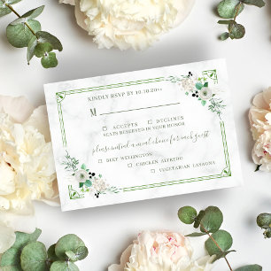 Marble & Green Flower Three Meal Choice Rsvp Card