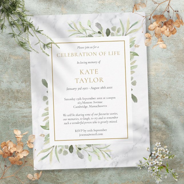 Marble Greenery Celebration of Life Invitation Postcard (Marble Greenery Celebration of Life Invitation Postcard)