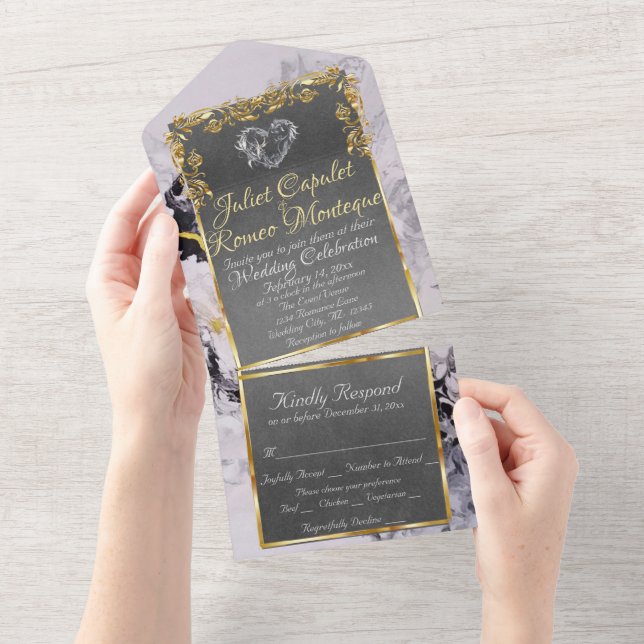 Marble & Grey, Gold Frame, Silver Heart All In One Invitation (Tearaway)