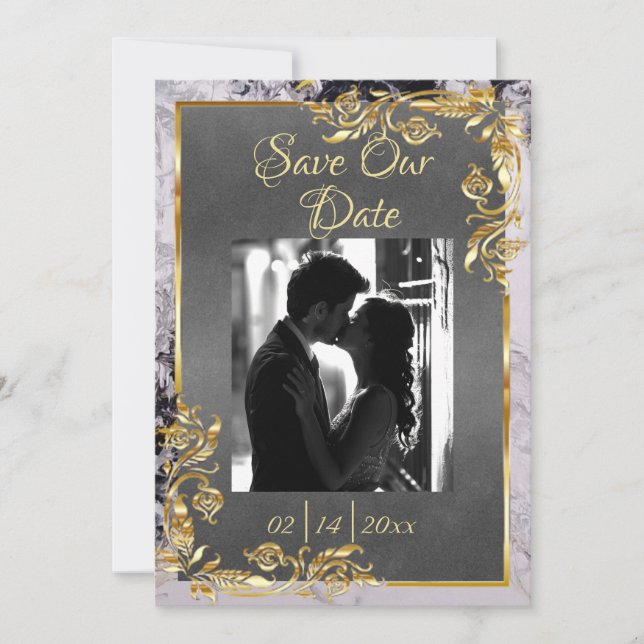 Marble & Grey, Gold Frame, Silver Heart Save The Date (Front)
