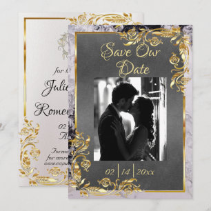 Marble & Grey, Gold Frame, Silver Heart Save The Date