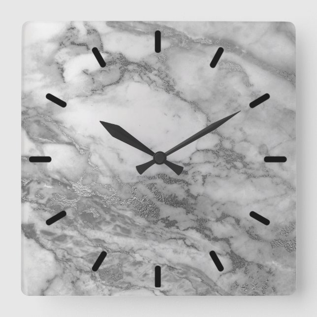 Marble Grey Silver Graphite Carrara Minimal Black1 Square Wall Clock (Front)