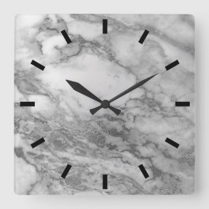Marble Grey Silver Graphite Carrara Minimal Black2 Square Wall Clock