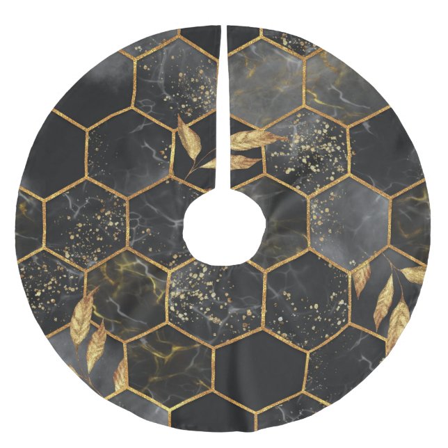 Marble Hexagon, Golden Leaves Texture. Brushed Polyester Tree Skirt (Front)