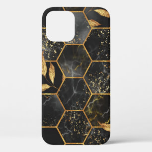 Marble Hexagon, Golden Leaves Texture. iPhone 12 Case