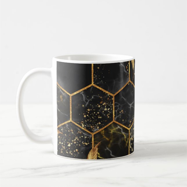 Marble Hexagon, Golden Leaves Texture. Coffee Mug (Left)