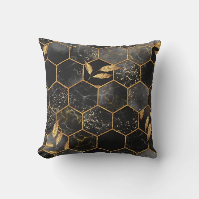 Marble Hexagon, Golden Leaves Texture. Cushion (Front)