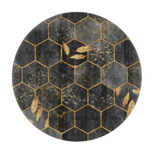 Marble Hexagon, Golden Leaves Texture. Cutting Board