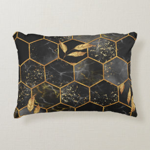 Marble Hexagon, Golden Leaves Texture. Decorative Cushion