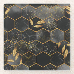 Marble Hexagon, Golden Leaves Texture. Glass Coaster