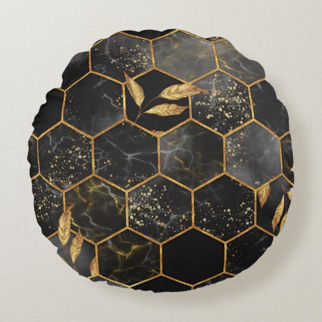 Marble Hexagon, Golden Leaves Texture. Round Cushion (Front)