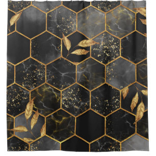 Marble Hexagon, Golden Leaves Texture. Shower Curtain