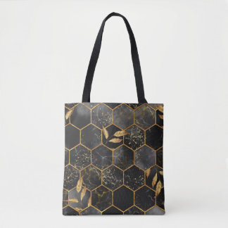 Marble Hexagon, Golden Leaves Texture. Tote Bag