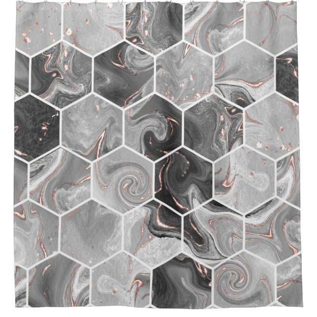 Marble hexagon seamless texture with gold pattern shower curtain (Front)