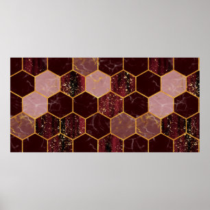 Marble hexagon seamless texture with gold poster