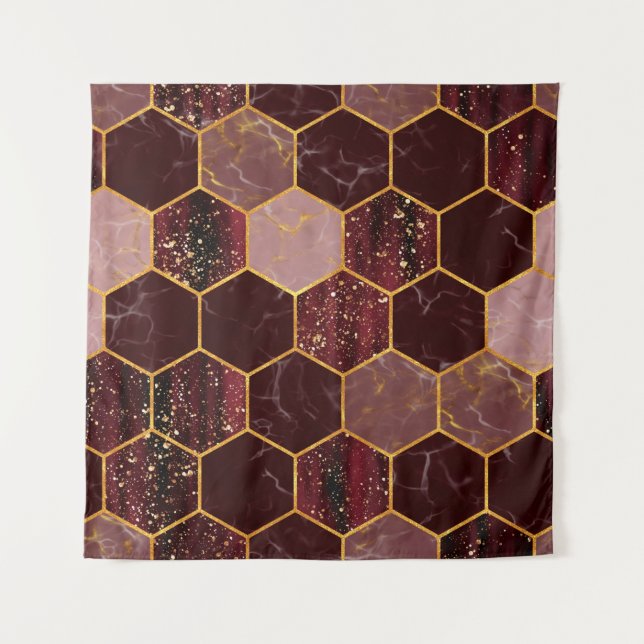 Marble hexagon seamless texture with gold tapestry (Front)