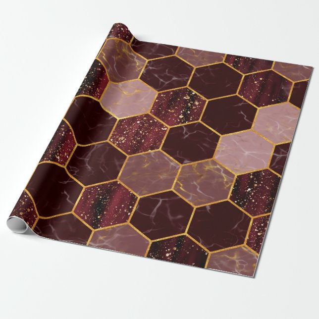 Marble hexagon seamless texture with gold wrapping paper (Unrolled)