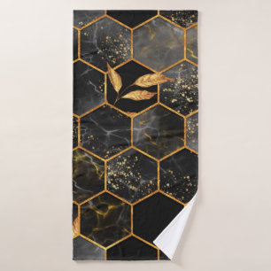 Marble hexagon seamless texture with golden leaves bath towel