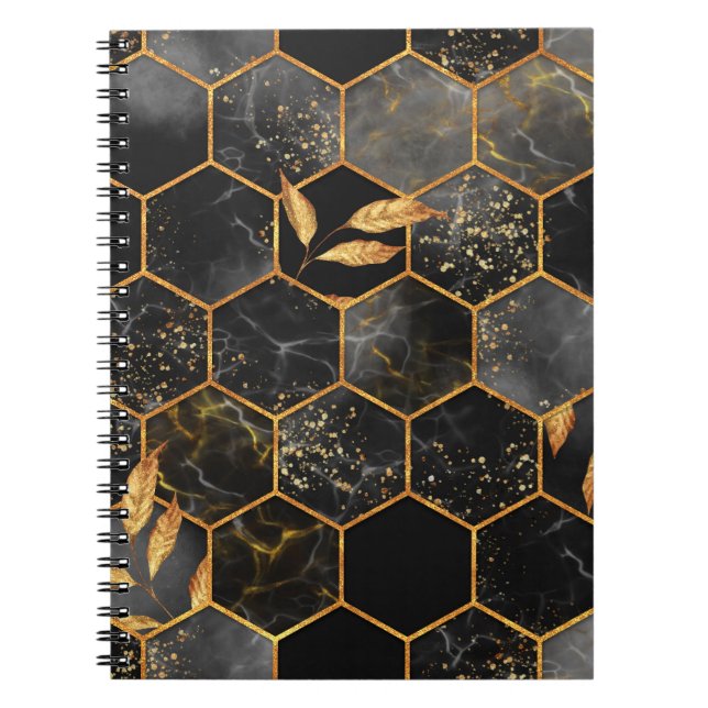 Marble hexagon seamless texture with golden leaves notebook (Front)