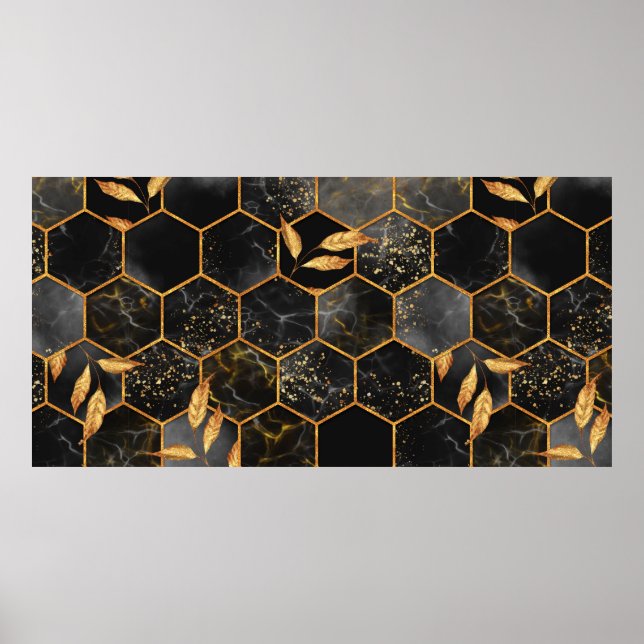 Marble hexagon seamless texture with golden leaves poster (Front)