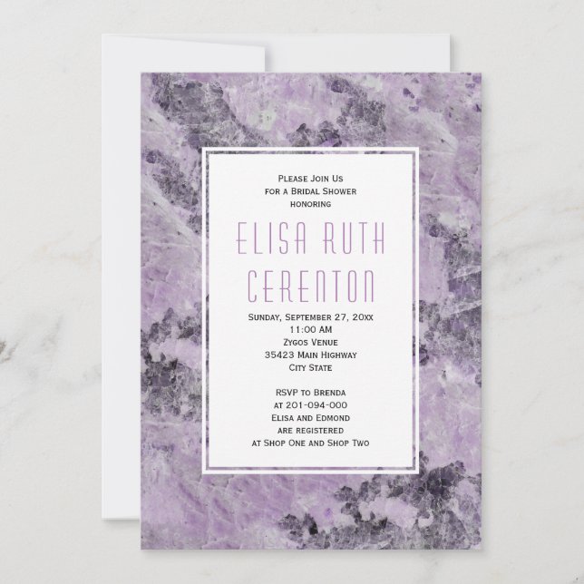 Marble in amethyst purple wedding bridal shower invitation (Front)