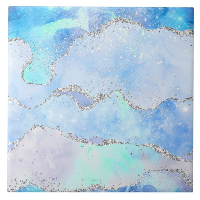 Marble Inspired Pastel Blue Silver Tile (Front)