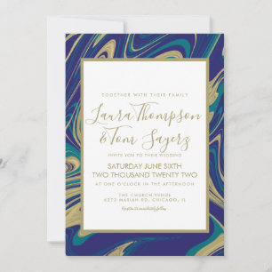 Marble Liquid Blue Faux Gold Abstract Wedding Invitation