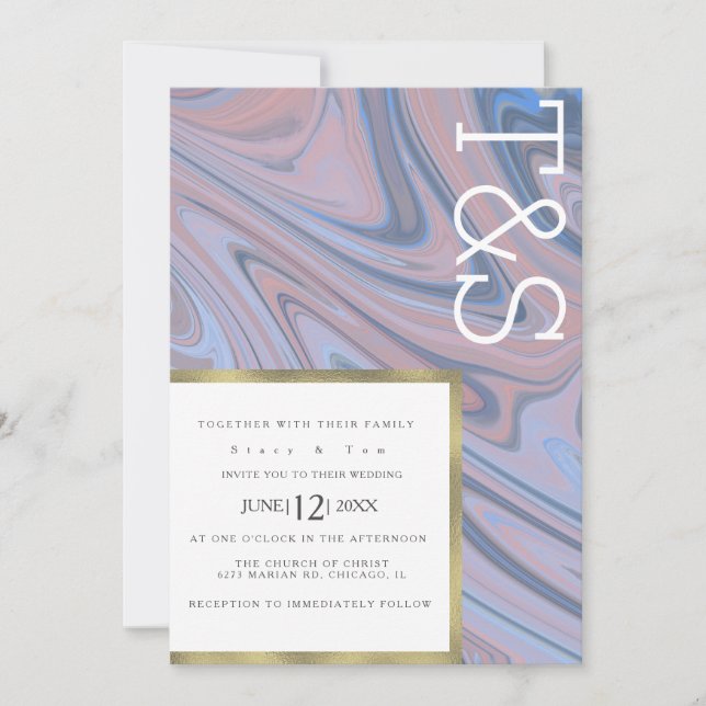 Marble Liquid Blush Blue Gold Typography Wedding Invitation (Front)