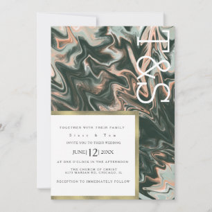 Marble Liquid Coral Greenery Typography Wedding Invitation