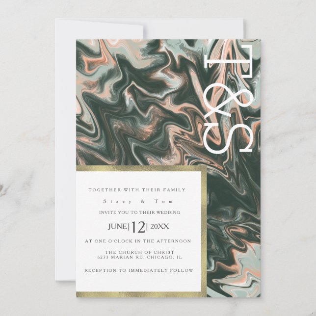 Marble Liquid Coral Greenery Typography Wedding Invitation (Front)