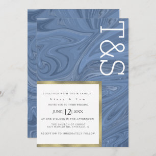 Marble Liquid Dark Blue Gold Typography Wedding Invitation