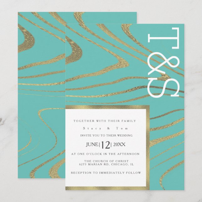 Marble Liquid Gold Agate Typography Wedding Invitation (Front/Back)