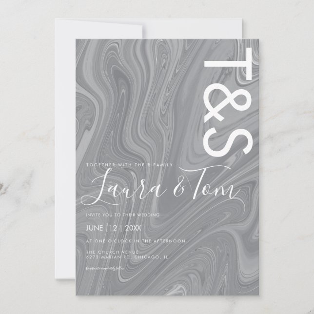 Marble Liquid Grey Agate Typography Wedding Invita Invitation (Front)