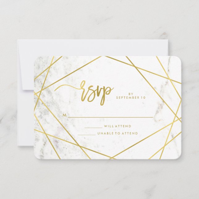 Marble Look and Faux Gold Geometric Wedding RSVP Card (Front)