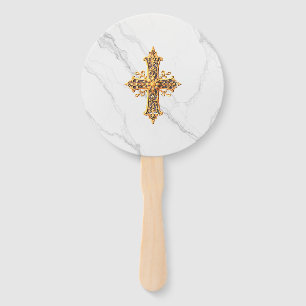 Marble Look Hand Fan with Cross