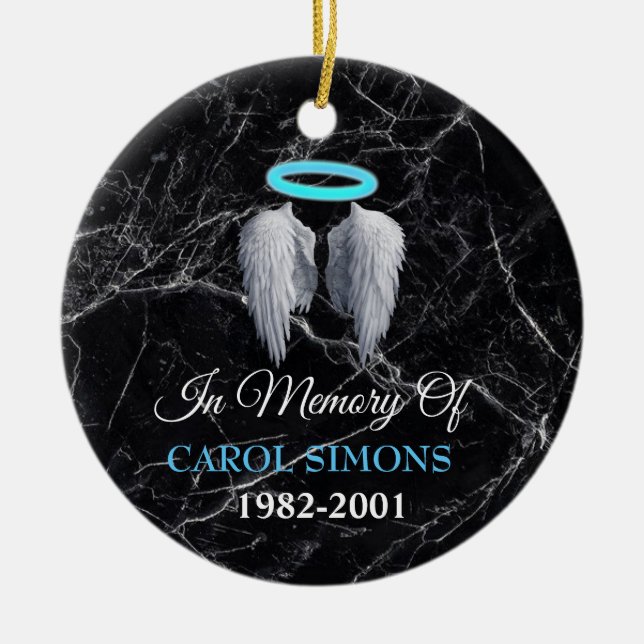 Marble Memorial Halo & Angel Wings Ceramic Ornament (Front)
