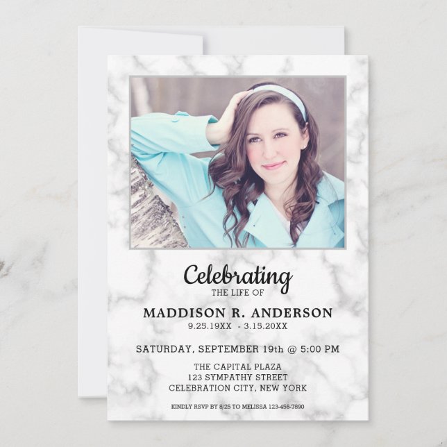 Marble Memorial Photo Funeral Celebration Of Life Invitation (Front)
