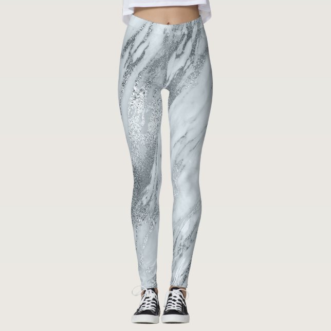 Marble Minimal Abstract Silver Grey Blue Leggings (Front)