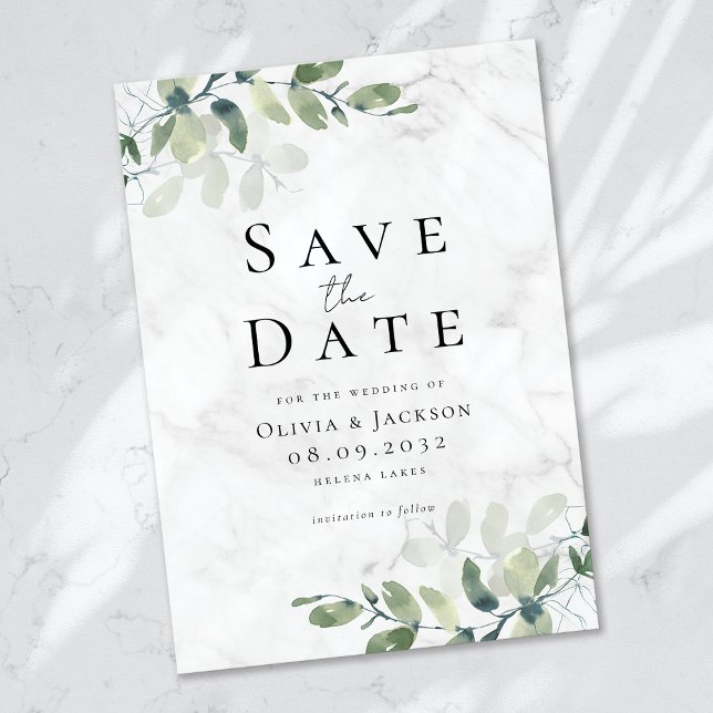 Marble Modern Eucalyptus Typography Wedding Save The Date (Creator Uploaded)