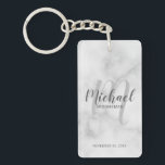 Marble Modern Script Personalised Groomsmen Key Ring<br><div class="desc">Add a personal touch to your wedding with personalised groomsmen keychain. This keychain features personalised groomsmen's name in grey modern script font style and monogram in light grey modern script font style as background with title and wedding date in grey modern sans serif font style on white marble background. Also...</div>