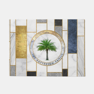 Marble Modern Tropical Palm Family Name Doormat