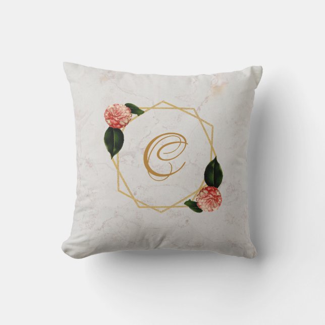 Marble Monogram Gold Pink Camellia Floral Geometry Cushion (Front)