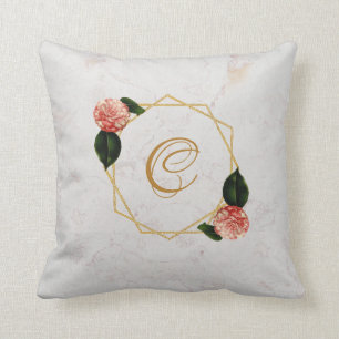 Marble Monogram Gold Pink Camellia Floral Geometry Cushion