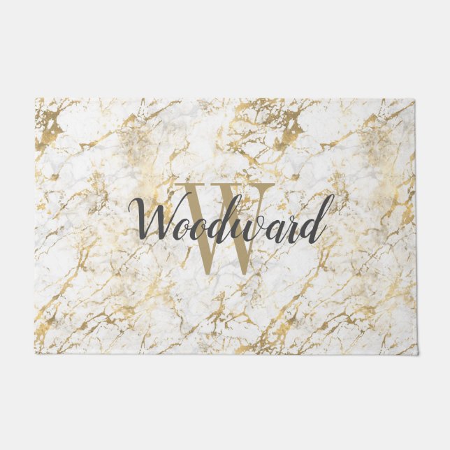 Marble Monogram Gold White Script Personalised Doormat (Front)